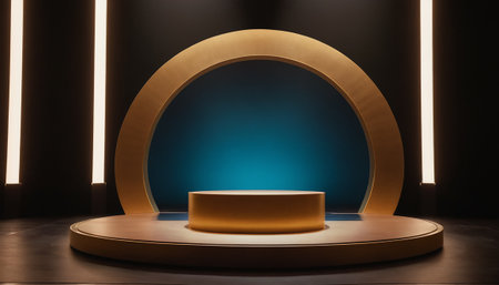 3d render, abstract round podium on black background, empty pedestal for product presentationの素材