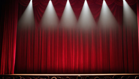 Stage with red curtains and spotlights. 3d render background.の素材