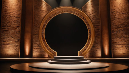 Round podium with golden frame illuminated by spotlight. Award ceremony concept. 3D Renderingの素材