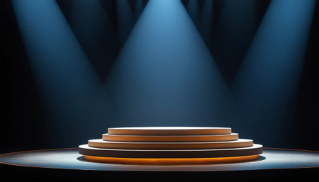 Stage podium illuminated with spotlight. Award ceremony concept. Stage backdrop. 3D renderingの素材