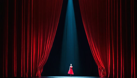 Theater curtain with red curtains and a woman in a red dressの素材