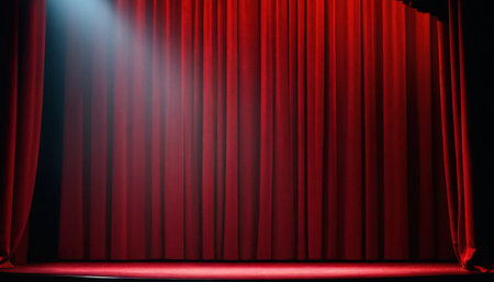Red stage curtain with spotlight. 3d render. Stage background.の素材