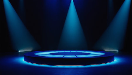 3D render of a blue stage with a spotlight and a round podiumの素材