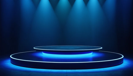 Stage podium with lighting, Stage Podium Scene with for Award Ceremony on blue Backgroundの素材
