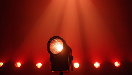Stage lights and spotlights on a red background with copy space.の素材