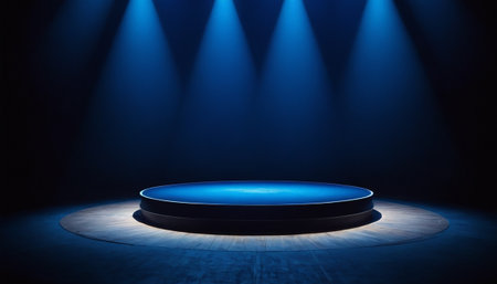Scene show with Podium for Award Ceremony illuminated by spotlight. Award ceremony concept. Stage backdrop.の素材