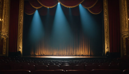 Movie or theater stage with red curtains and spotlights. Blurred backgroundの素材