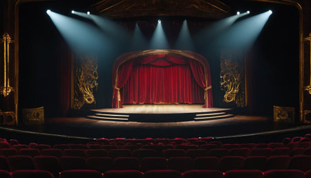 Theater stage with red curtains and spotlights - 3d renderの素材