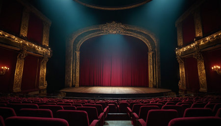 Stage with red curtains and seats in a theater. Selective focusの素材