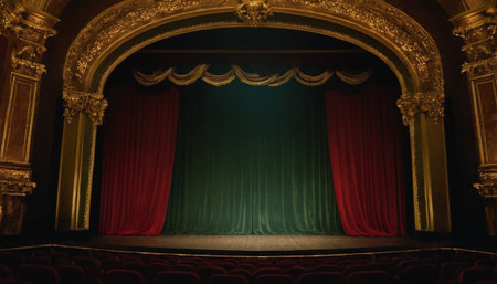 Movie or theater stage with red and green curtains and spotlights.の素材