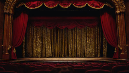Theater stage with red curtains and drapes, vintage styleの素材