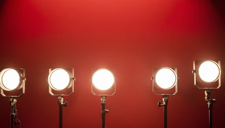 Spotlights on a red background. Lighting equipment in the studio.の素材
