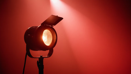Spotlight on a red background. Studio lighting equipment. Red background.の素材