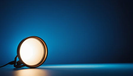 A closeup shot of a round led lamp on a blue backgroundの素材