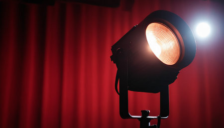 Movie spotlight on stage with red curtain background, soft focus effect.の素材