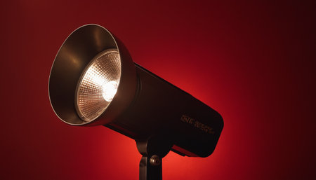 Studio lighting equipment on a red background. Shallow depth of field.の素材