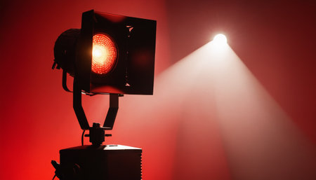 Spotlight on a red background with light beams. Studio shot.の素材