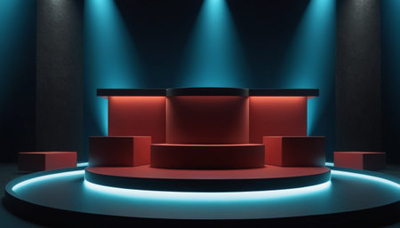 3d rendering of a podium in a dark room illuminated by spotlightsの素材