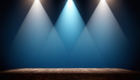 Empty wooden table and spotlights on blue wall background. For product displayの素材