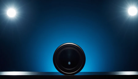 Camera lens on dark blue background with spotlights and copyspaceの素材