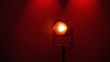 Spotlight with red light on a dark background. Lighting equipment.の素材