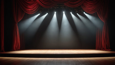 Theater stage with red curtains and spotlights. 3d renderの素材
