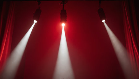 Stage lights on red curtains with copy space. Stage lighting effect.の素材