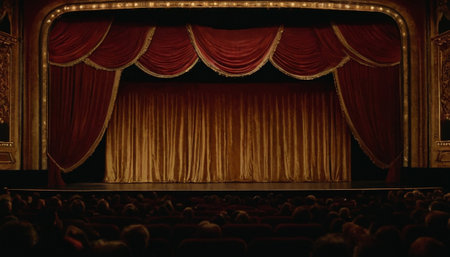 Cinema scene with red curtains and seats in the auditoriumの素材
