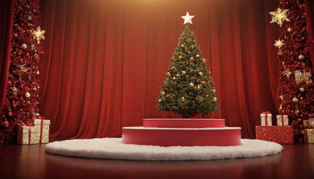 3d render of red podium with Christmas tree and gift box on stageの素材