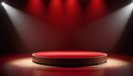 Stage Podium Scene with for Award Ceremony illuminated with spotlight. Award ceremony concept. Stage backdrop.の素材