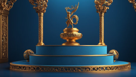 Blue podium with golden decoration. 3D render. Luxury design.の素材