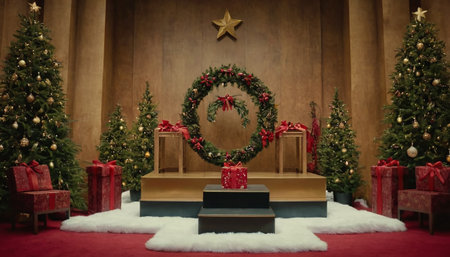 Christmas tree with decorations and gift boxes in the interior of the roomの素材