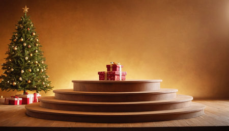 Christmas tree and gift boxes on the wooden stairs. Christmas background.の素材