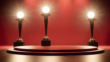 Stage podium with lighting, Stage Podium Scene with for Award Ceremony on red Backgroundの素材