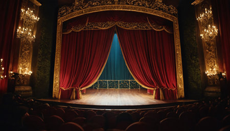 Theater stage with red curtains and spotlights. Night scene.の素材