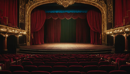 Theater stage with red curtains and a spotlight. 3d renderingの素材