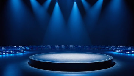 Stage podium with lighting, Stage Podium Scene with for Award Ceremony on blue Background.の素材