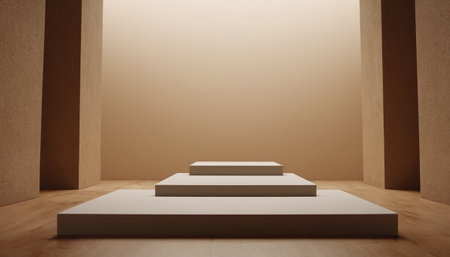 3d rendering of a white podium on a wooden floor in the roomの素材