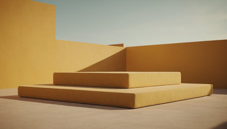 Abstract 3d render of empty stage with yellow wall and stairs.の素材