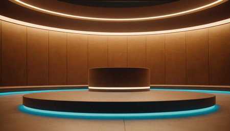 3d rendering of a round podium in a room with blue lightsの素材