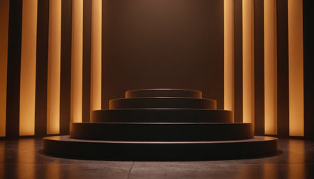Black podium on dark background. 3d render. Stage backdrop.の素材