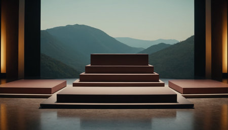 3d rendering of stairway with mountain view in the background.の素材