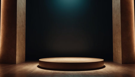 3d rendering of a round podium on a dark background, illuminated by a spotlightの素材