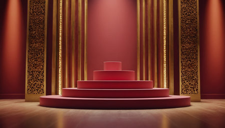 3d rendering of red podium and golden curtains in the background.の素材