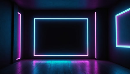 Futuristic Neon Room, 3D Illustration Mockup Scene on Dark Backgroundの素材