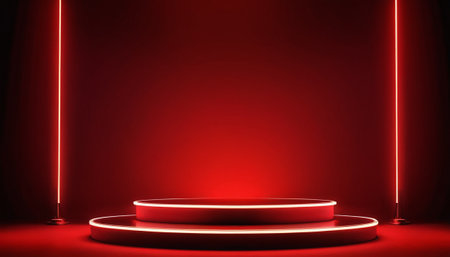 Abstract round podium illuminated with red neon light. Award ceremony concept. Stage backdrop. Vector illustrationの素材