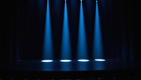 stage lighting effect on a dark blue background with spotlights and copy spaceの素材