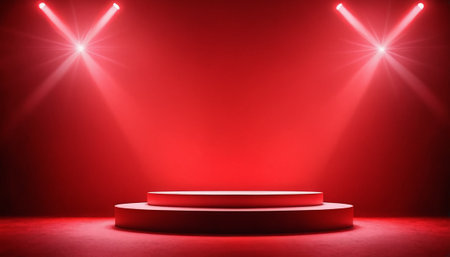 Scene show with red color podium. Award ceremony concept. Stage backdrop.の素材