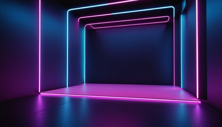 3d rendering, glowing neon lines in a dark room, abstract backgroundの素材