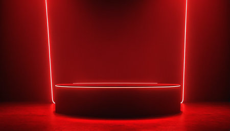 Red neon podium on dark background. 3D rendering. Neon lightの素材